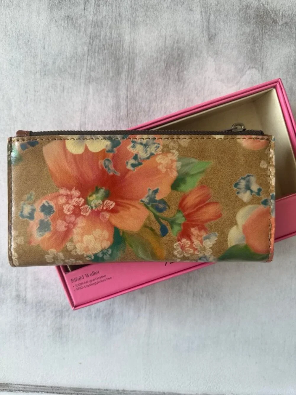 Patricia Nash Apricot Blossom Nazari Bi-Fold RFID Leather Floral Wallet Tan